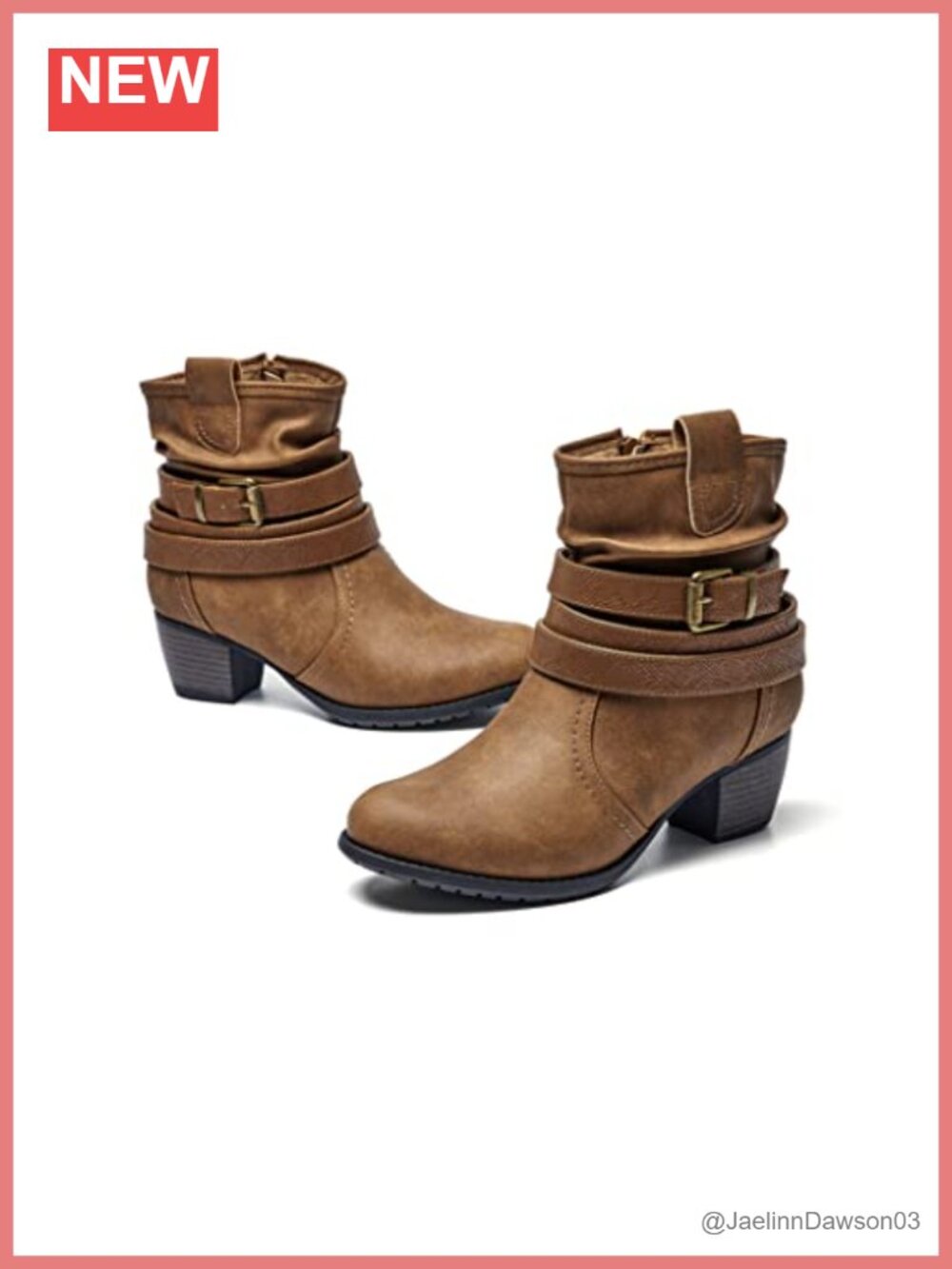 Women's Mid Calf Boots, Round Toe Low Heel Slouchy Booties with Buckle Strap